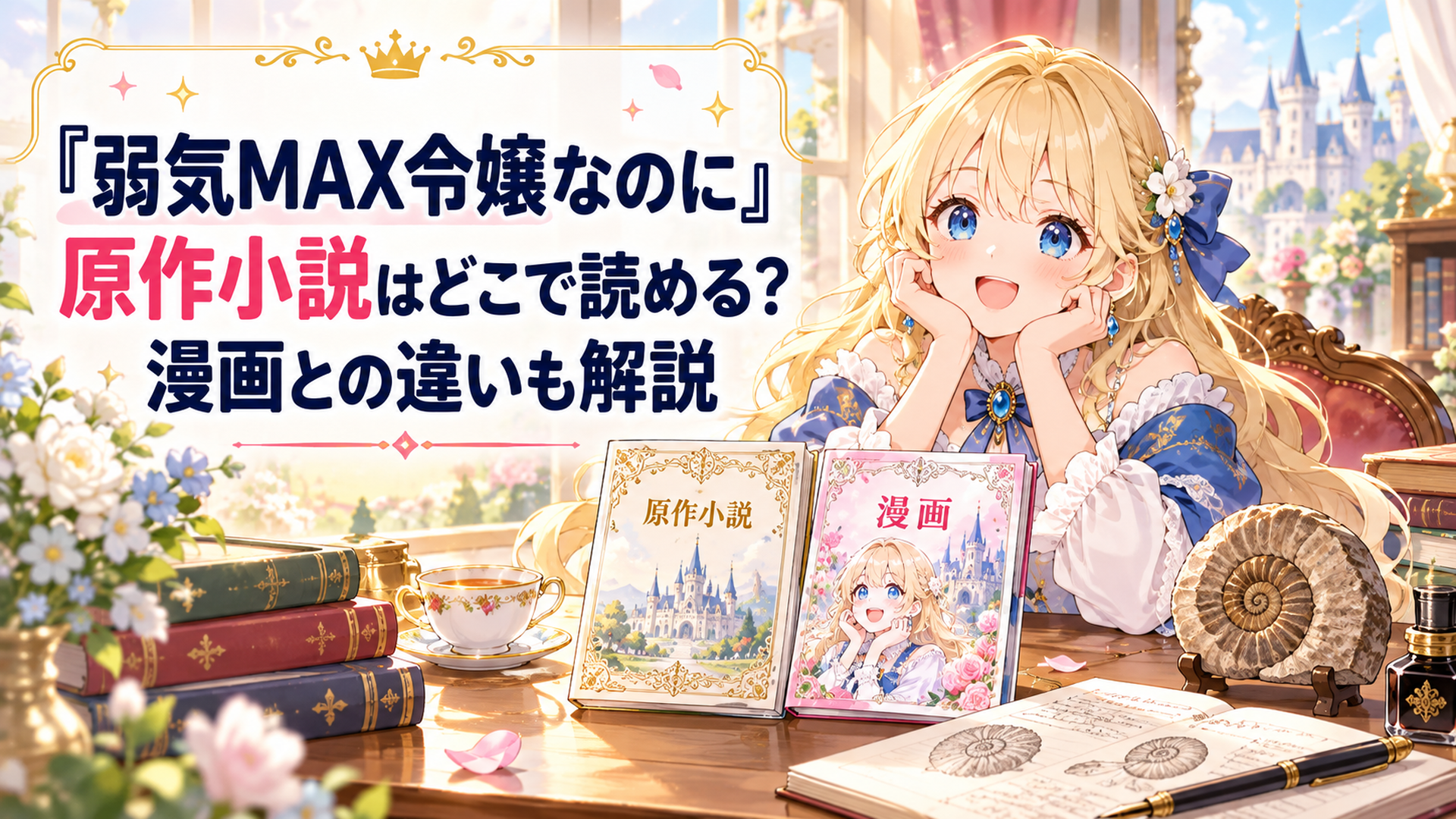 明るいファンタジー王国の貴族邸宅で、金髪の伯爵令嬢が原作小説と漫画を木製の机に並べている。アンモナイトの化石と研究ノートが添えられ、柔らかな日差しが差し込む華やかなアニメ風イラスト