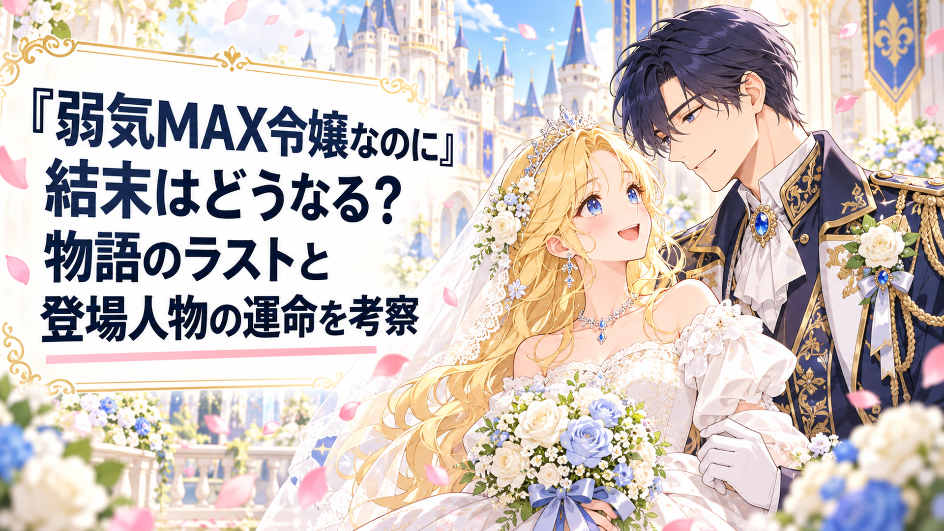 華やかなファンタジー王国の宮殿を背景に、純白のウェディングドレスを着た金髪のピアと紺色の礼服姿のルーファスが幸せそうに微笑み合う、明るく上品なアニメ風イラスト