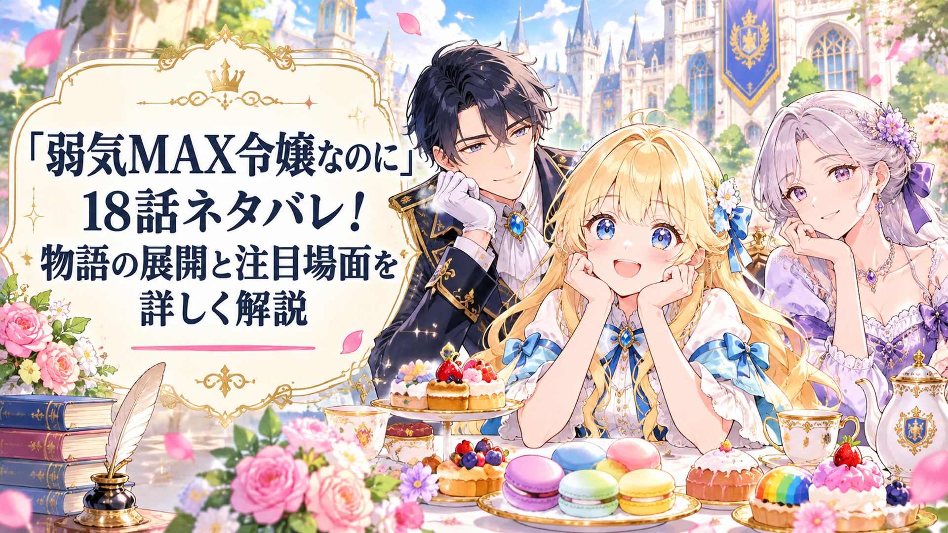 明るいファンタジー王国の学園を背景に、金髪の伯爵令嬢ピアと紺色の礼服姿のルーファス、上品なドレス姿のキャロラインが並び、手前のテーブルに虹色のお菓子が置かれた華やかな少女漫画風イメージイラスト