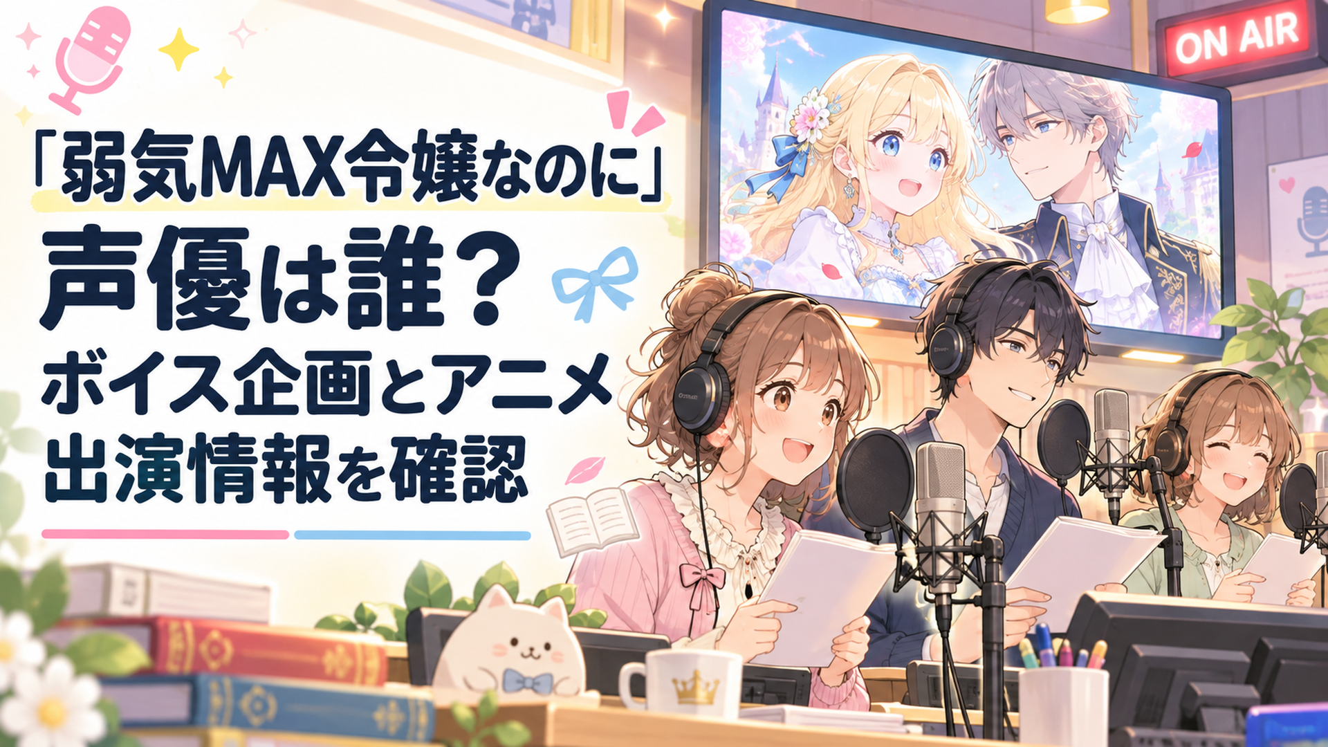 明るいアニメスタジオで声優たちが恋愛ファンタジー作品のアフレコに取り組み、モニターには金髪の令嬢と上品な青年貴族が映る、柔らかなパステルカラーのかわいいイラスト