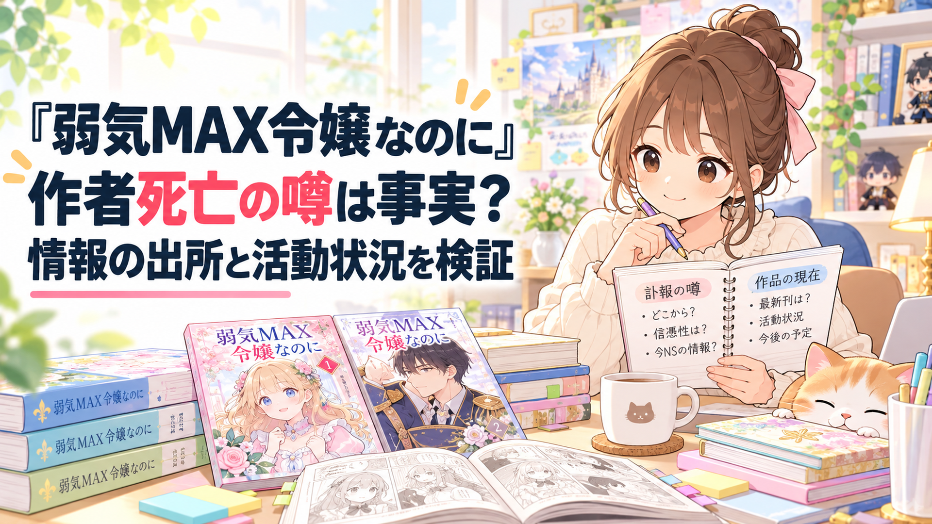 明るい書斎で女性ファンがファンタジー小説と漫画を並べ、原作者の訃報と作品の現在をノートで確認している、温かなパステルカラーのかわいいイラスト
