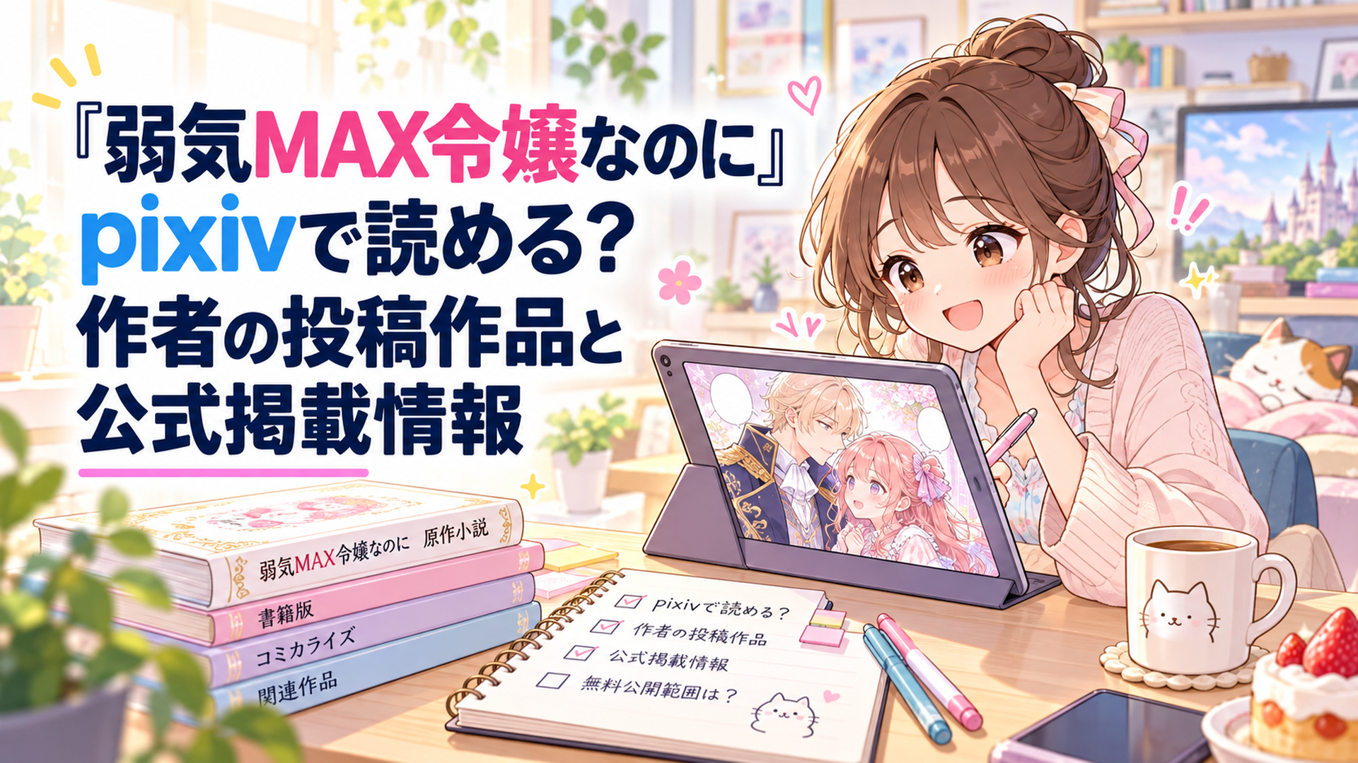 明るい自宅のデスクで女性がタブレットに表示された架空の貴族恋愛ファンタジー漫画を読み、原作小説とメモ帳を並べて無料公開範囲を調べている、柔らかなパステルカラーのかわいいイラスト