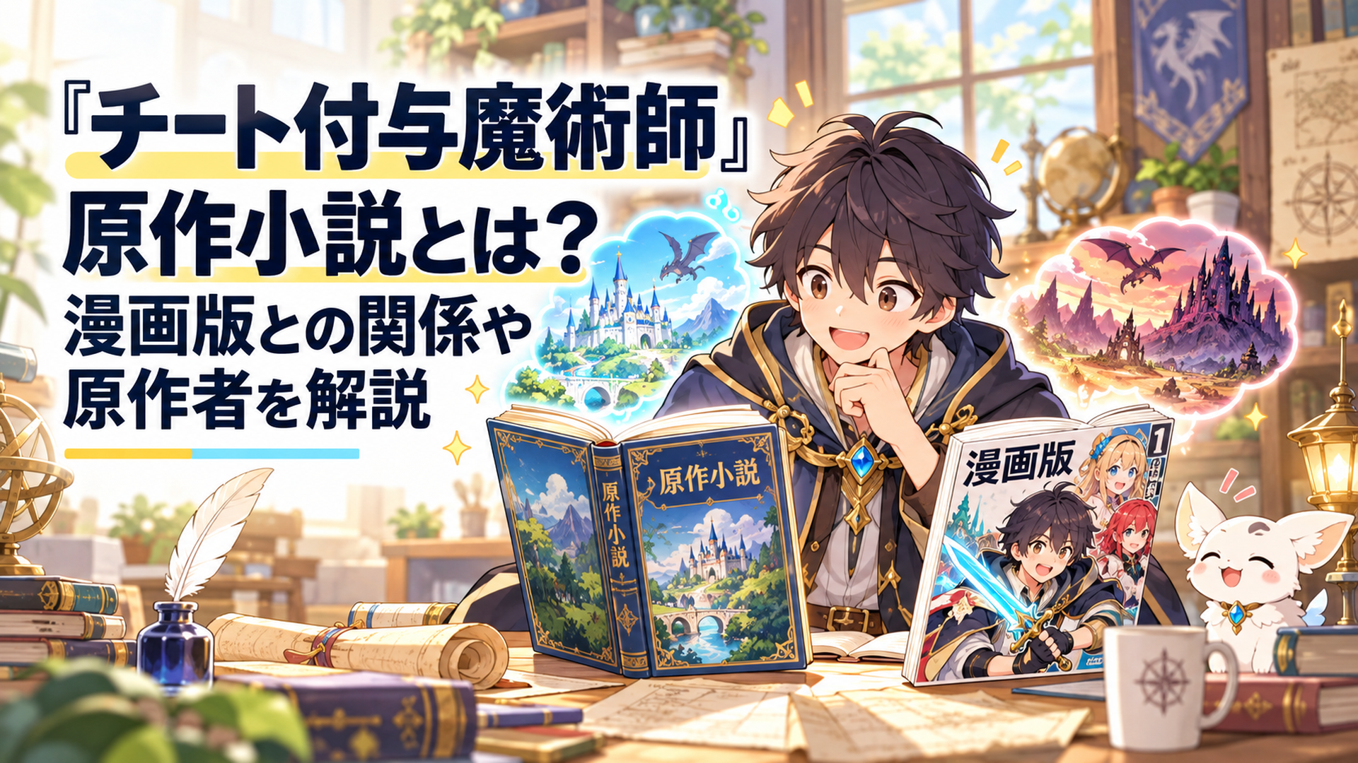 明るいファンタジー風の書斎で原作小説と漫画本が左右に並び、中央の若い付与魔術師が二つの異なる冒険世界を見比べている、温かく親しみやすいアニメ風イラスト
