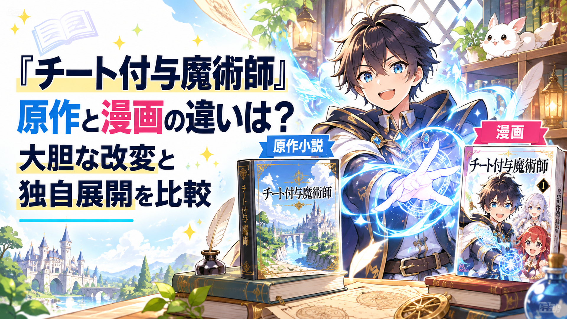 異世界ファンタジーの原作小説と漫画本を左右に並べ、中央に青白い強化魔法を使う若い付与魔術師を描いた、二つの物語の違いが伝わる明るいアニメ風イラスト