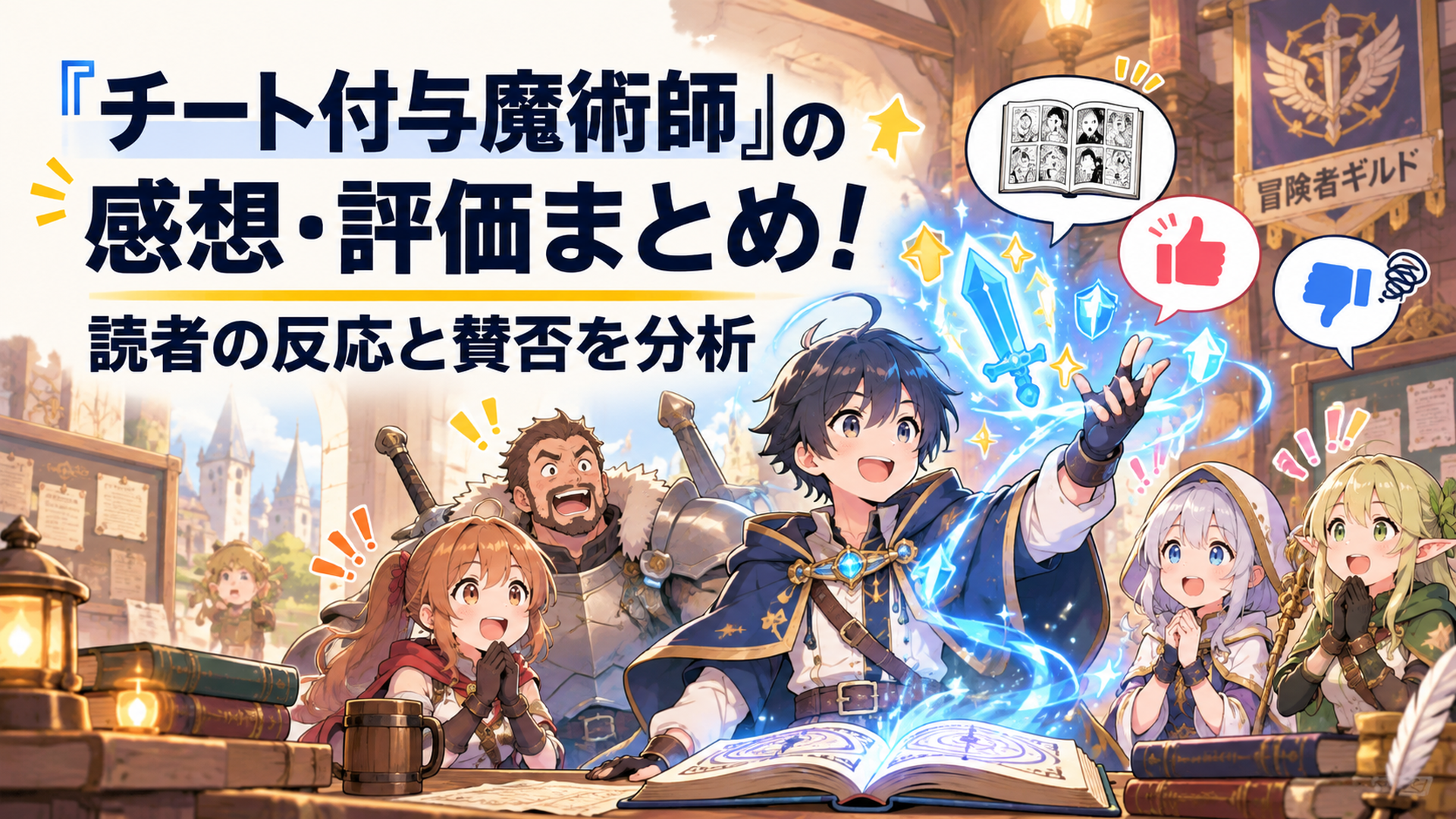 明るい異世界の冒険者ギルドで強化魔法を使う若い魔術師と驚く仲間たち、漫画の面白さと賛否を表現した親しみやすいファンタジーイラスト