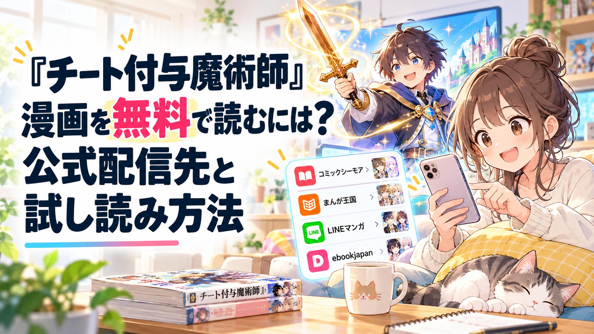 明るいリビングでスマートフォンの公式漫画アプリを比較する若い読者と、画面の中で光る銅の剣を掲げる若い付与魔術師を描いた親しみやすいファンタジーイラスト