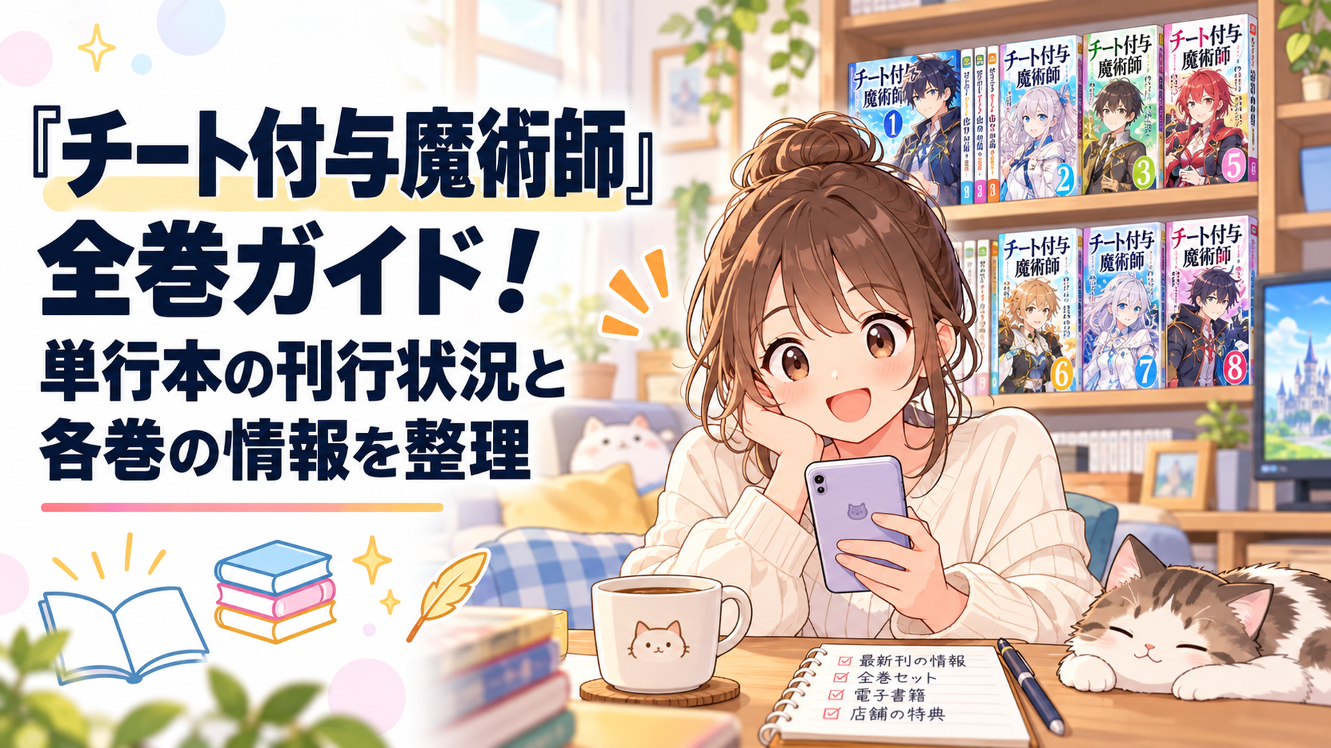 明るいリビングの本棚に異世界ファンタジー漫画の単行本が並び、若い読者がスマートフォンで最新刊と全巻購入情報を確認しているかわいい日常イラスト