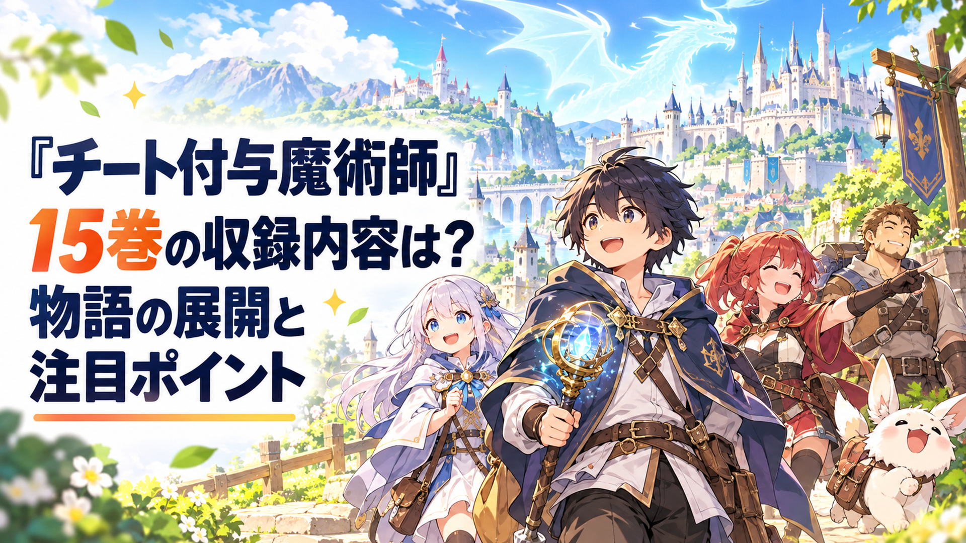 異世界ファンタジーの壮麗な王城と緑豊かな街道を背景に旅を続ける若い魔術師と仲間たち、遠くの空には神秘的な光の竜のシルエットが浮かぶ明るく親しみやすい漫画紹介イラスト