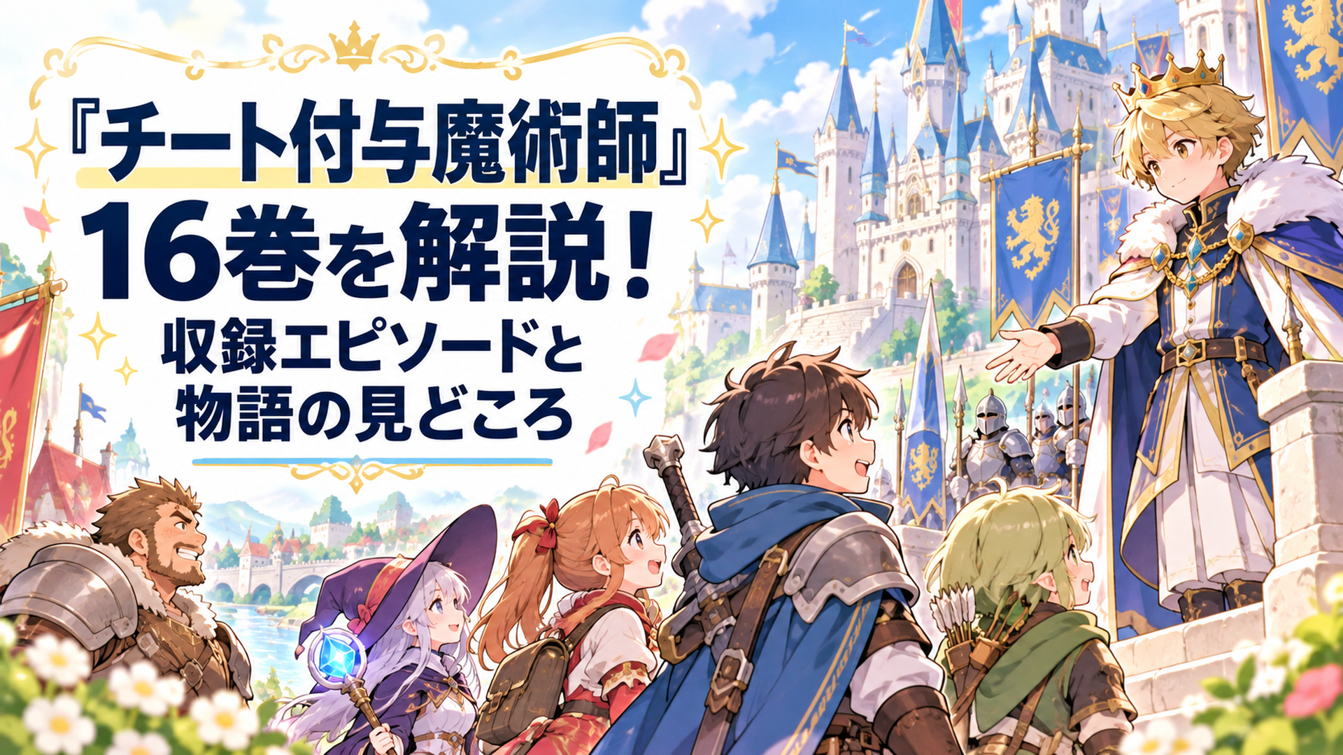 明るい異世界ファンタジーの王国を背景に、冒険者部隊と王城に立つ若き王が対峙する構図、温かな色彩とかわいいタッチで描いた漫画紹介イラスト