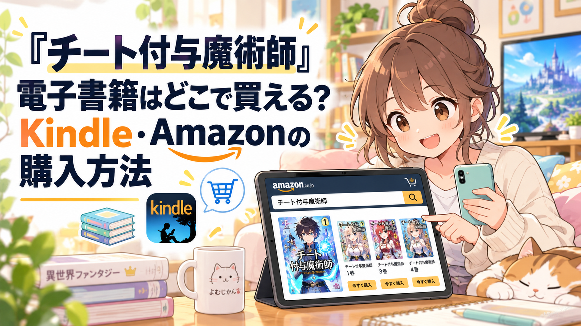 明るく温かなリビングでスマートフォンとタブレットを使い、異世界ファンタジー漫画のKindle版を探している若い読者。画面には電子書籍の表紙と巻数が並び、購入方法をイメージできる親しみやすいかわいいイラスト