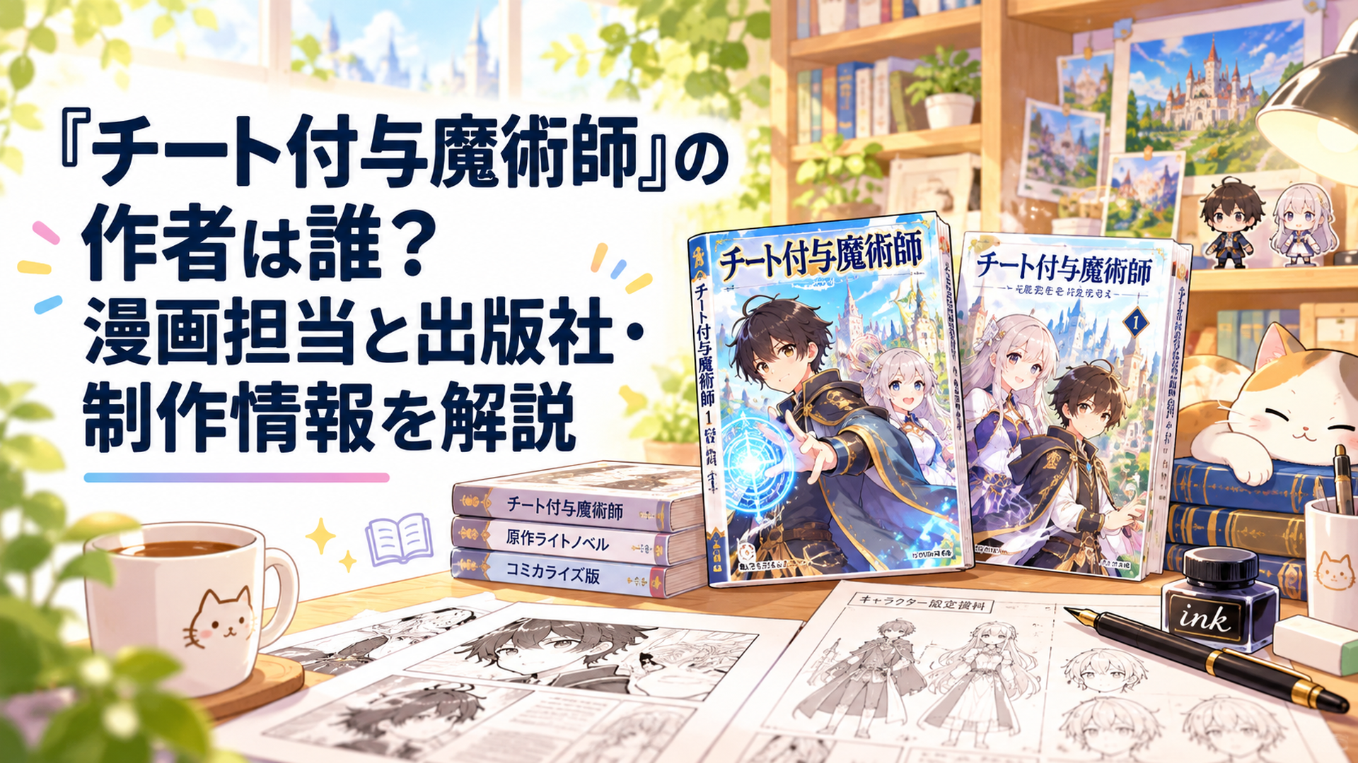 明るく温かな書斎で異世界ファンタジー漫画の単行本と原作ライトノベルを並べ、漫画家のペンや原稿用紙、キャラクター設定資料を配置したかわいらしいイラスト