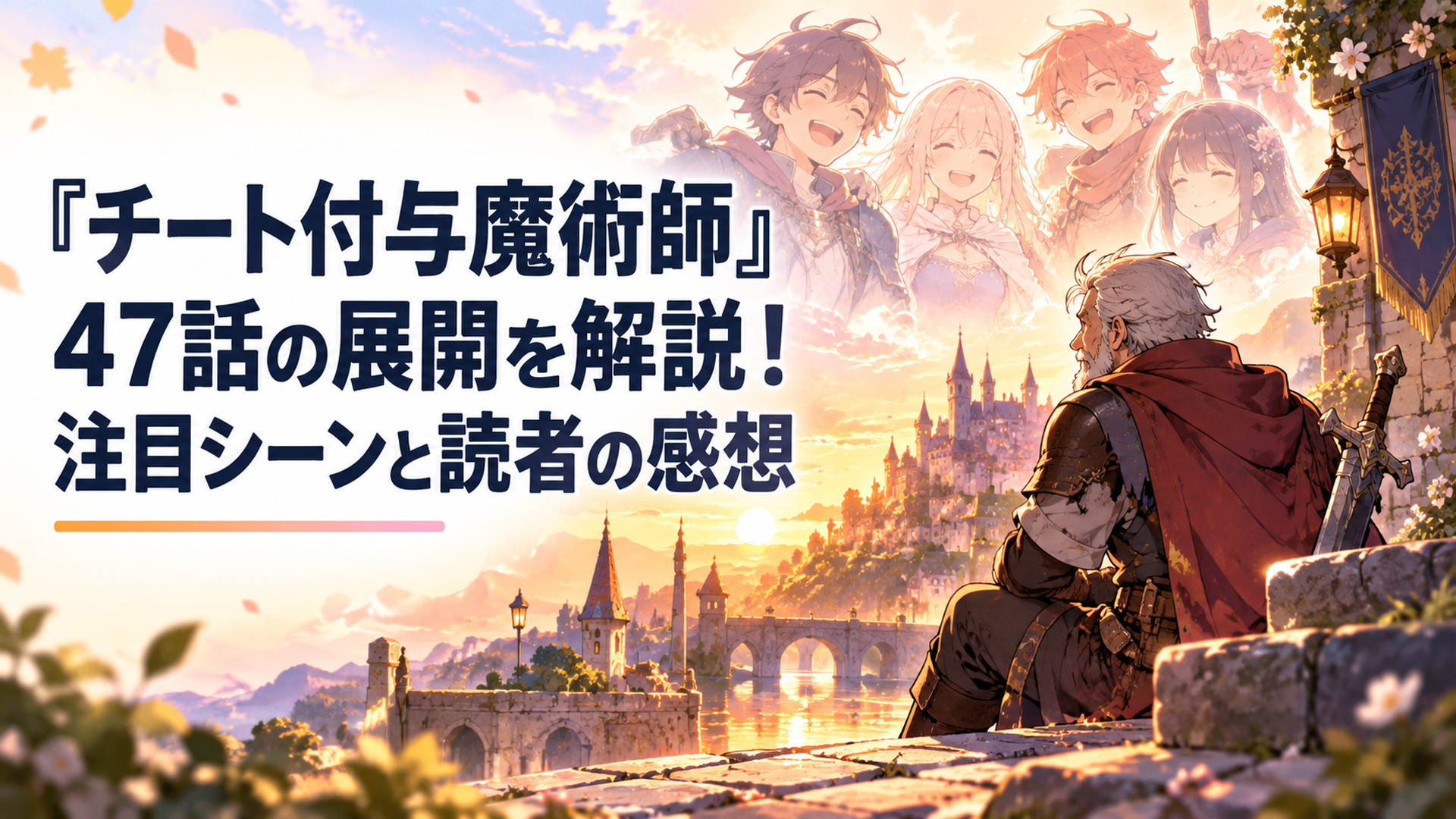 夕暮れの異世界の石畳の街で、失われた仲間との思い出を胸に一人たたずむ年老いた男性冒険者、遠くに若き日の仲間たちの淡い光景が浮かぶ切なく温かなオリジナルファンタジーイラスト
