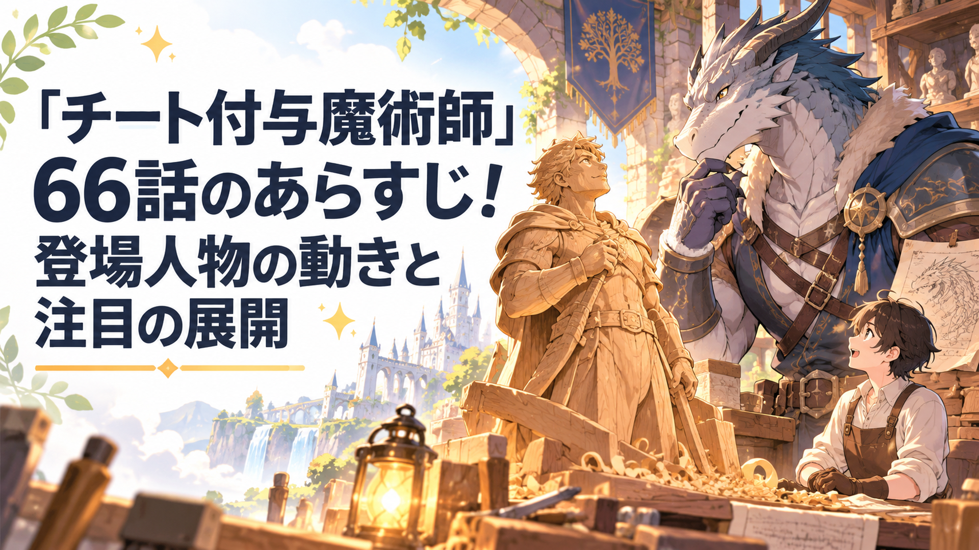 幻想的な異世界の彫刻工房で巨大な竜族の戦士が人間の作った力強い木像を見つめる場面、50年後の約束と心の変化を象徴する温かなオリジナルファンタジーイラスト
