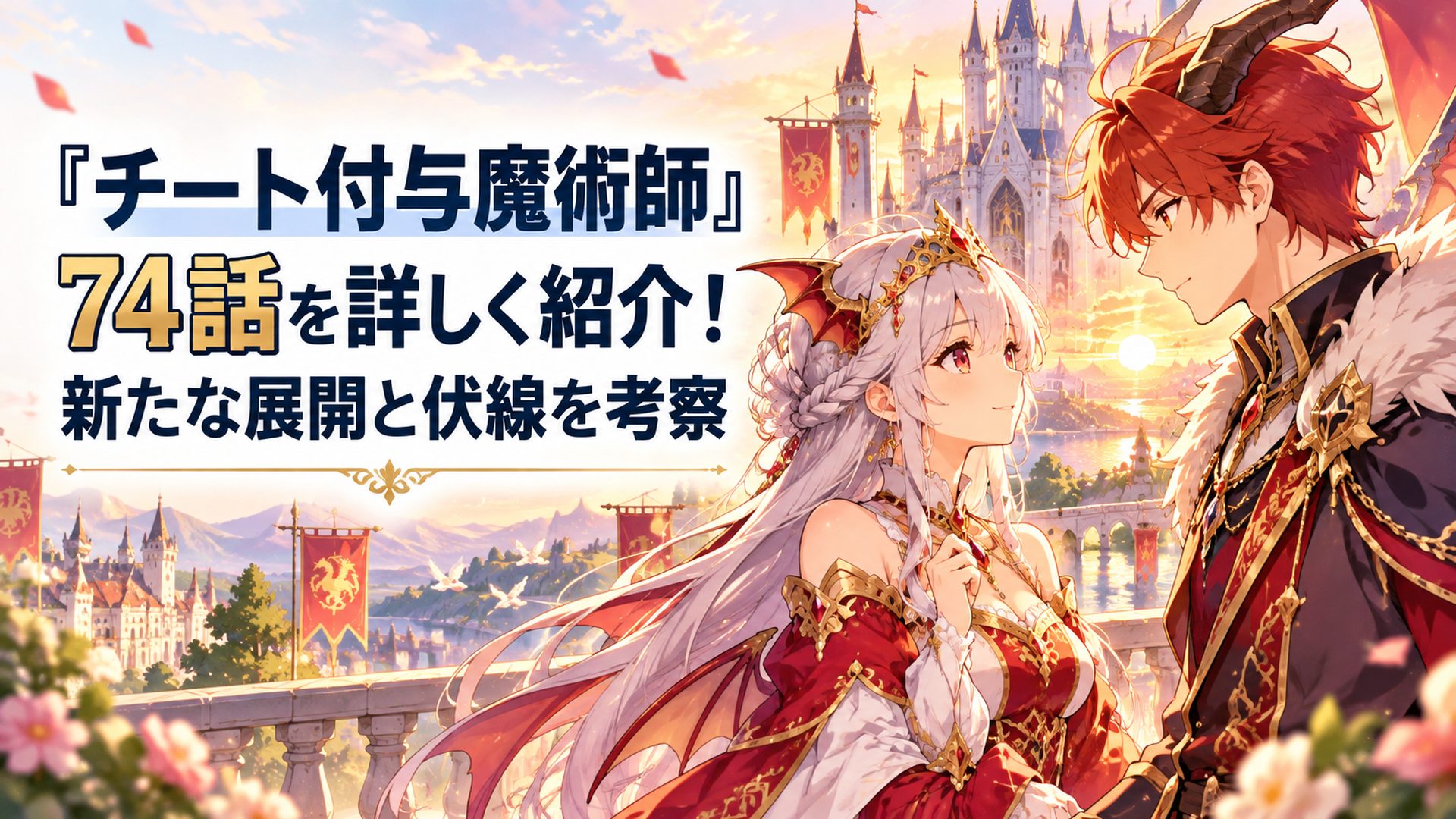 夕暮れの異世界の王宮を背景に、竜族の王女と若い竜族の王子が向き合い、王位継承をめぐる葛藤と民の未来を象徴する明るく温かなオリジナルファンタジーイラスト