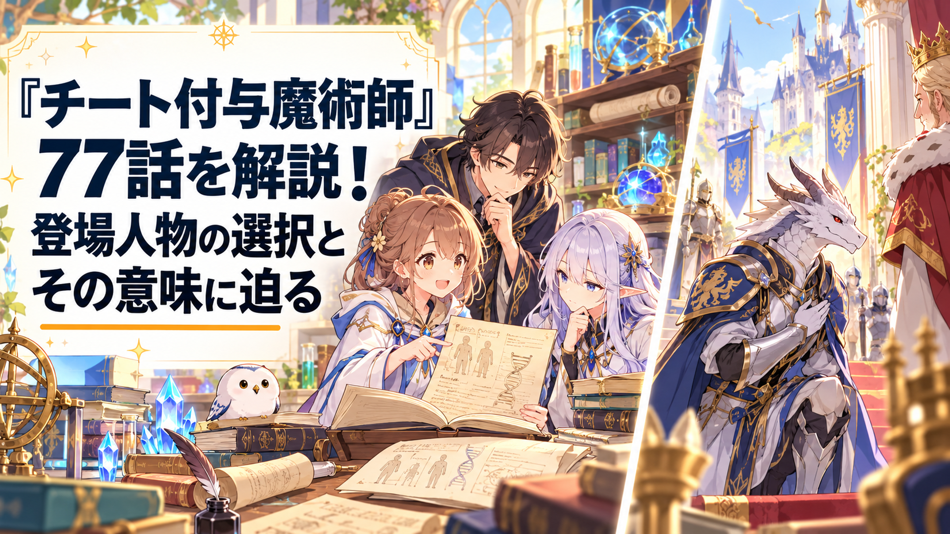 明るい異世界ファンタジーの研究室でクローン研究の資料を調べる魔術師たちと、王宮で忠誠を誓う竜族の戦士を左右に配置した親しみやすいオリジナルイラスト