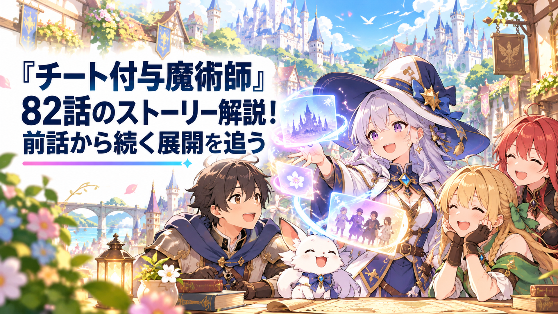 明るい異世界ファンタジーの街並みを背景に、個性的な女性魔術師と仲間たちが楽しそうに会話し、名前や大切な思い出を象徴する柔らかな魔法の光が舞うかわいいオリジナルイラスト